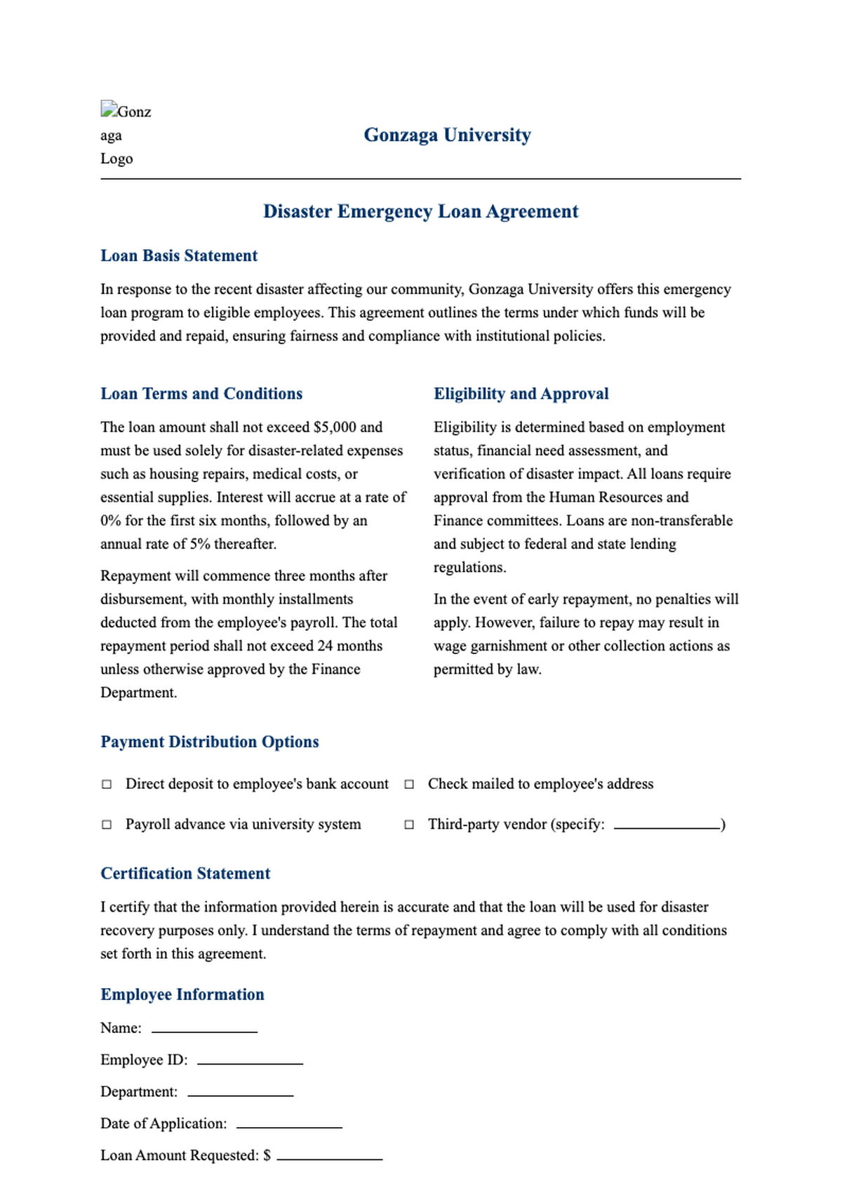 Gonzaga University disaster emergency loan agreement form_variant_2